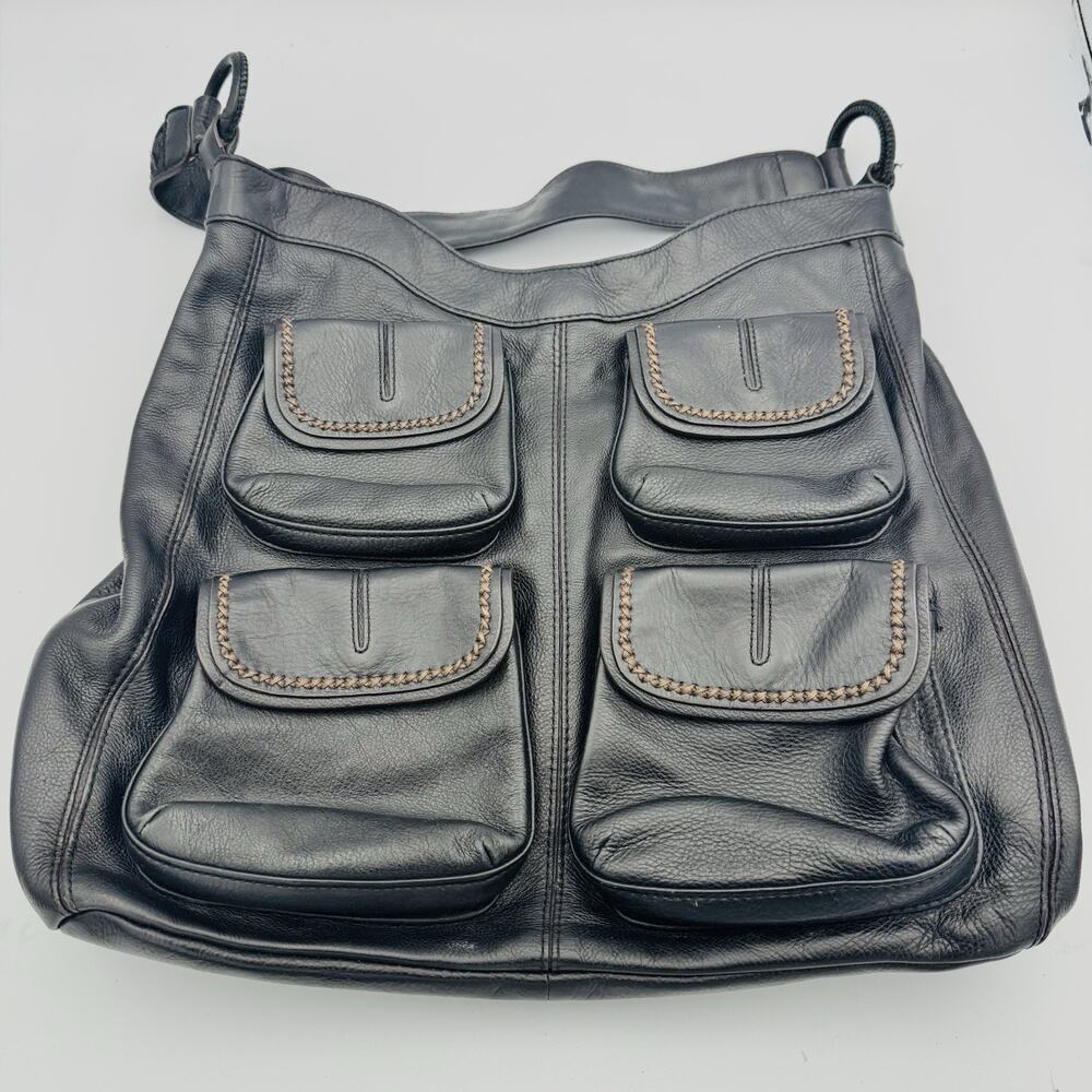 Vintage Banana Republic Ashbury Leather Multi Pocket Black Hobo Handbag Boho